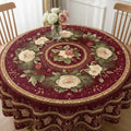 Royal Crimson Floral Round Table Cover – Rose & Gold Border Tablecloth for Dining Elegance
