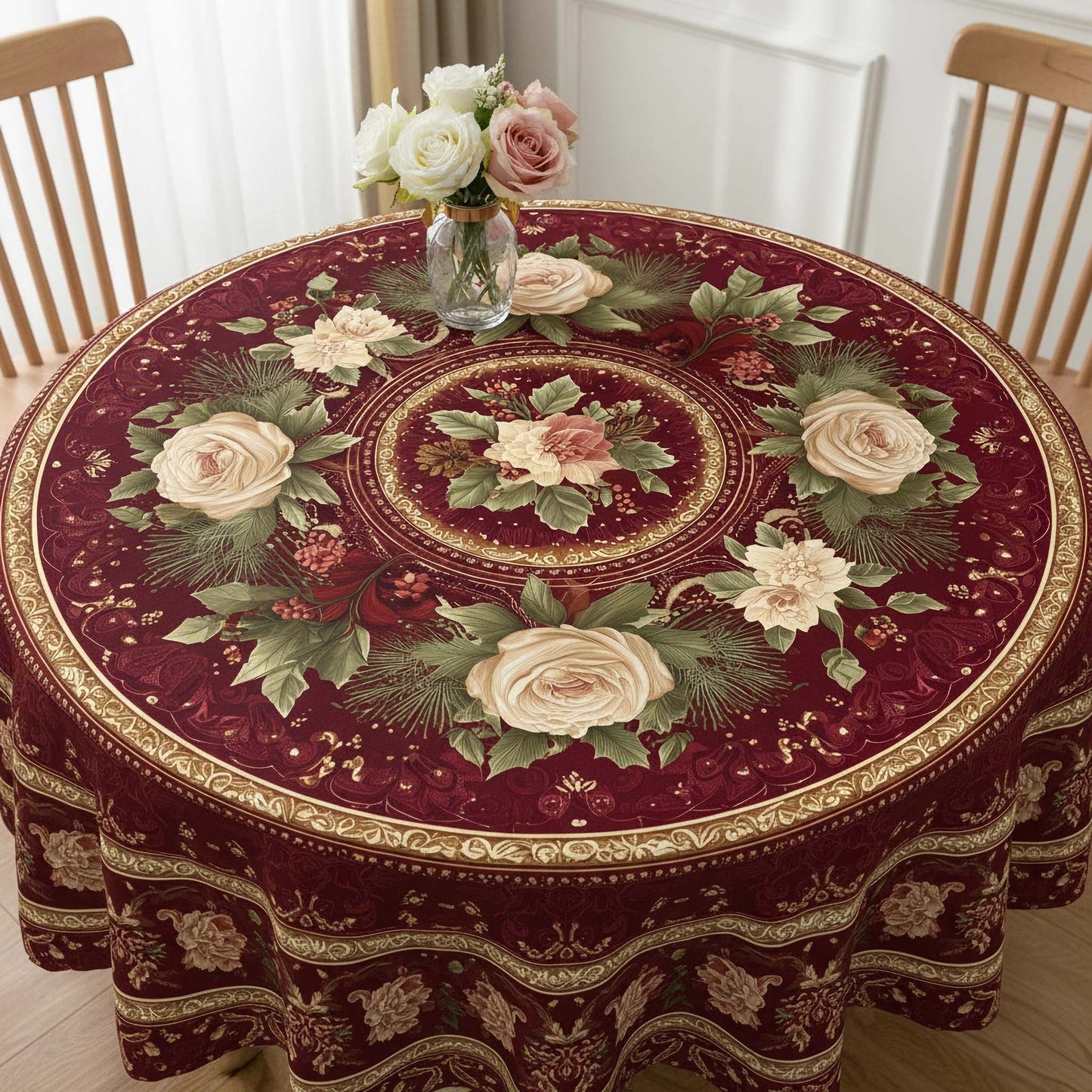 Royal Crimson Floral Round Table Cover – Rose & Gold Border Tablecloth for Dining Elegance