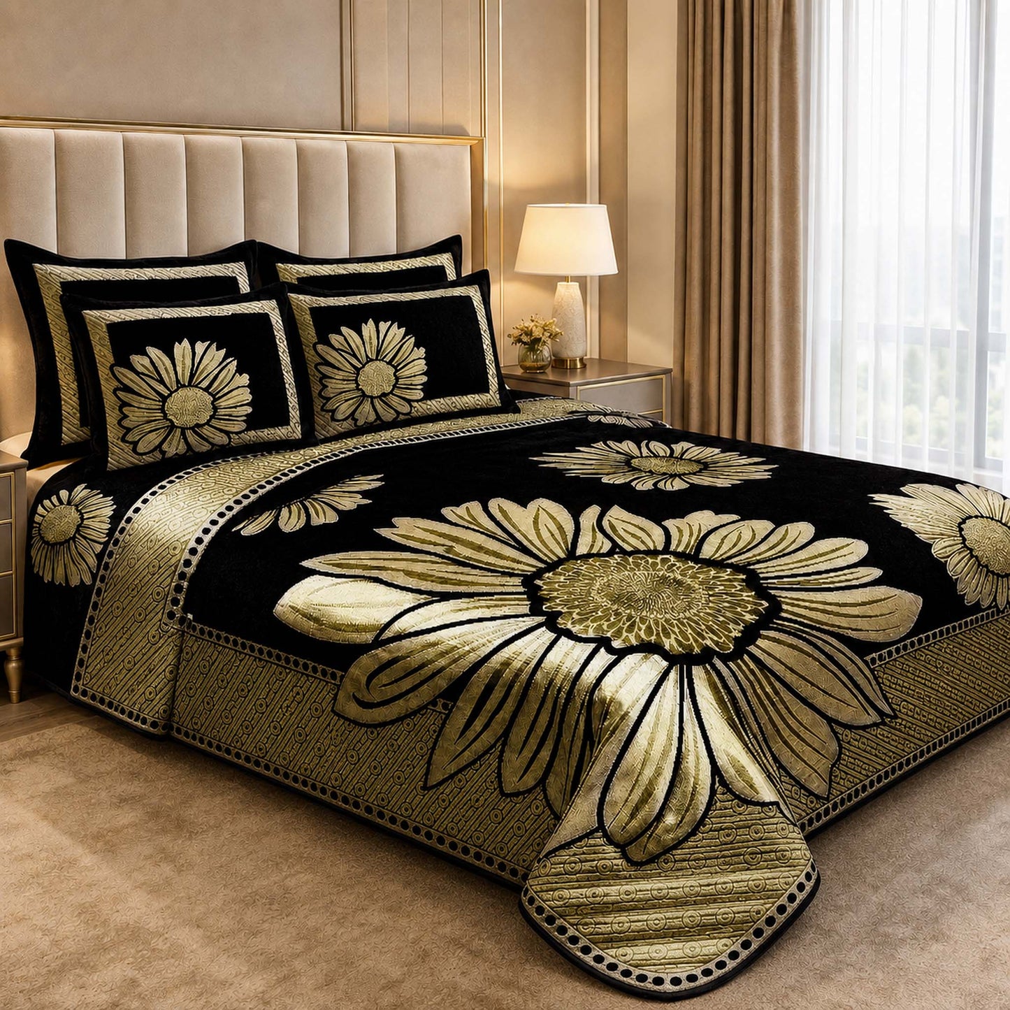 Royal Floral Pattern Heavy Chenille Bedcovers - Black & Gold