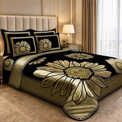 Royal Floral Pattern Heavy Chenille Bedcovers - Black & Gold