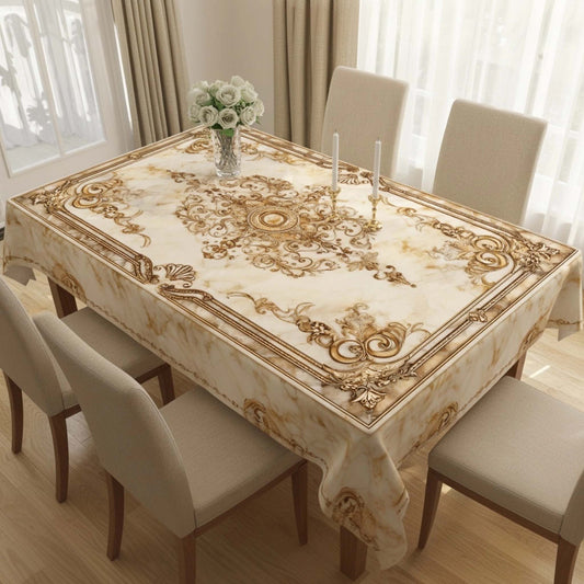 Royal Ivory Marble Medallion Table Cover – Premium Golden Baroque Dining Tablecloth