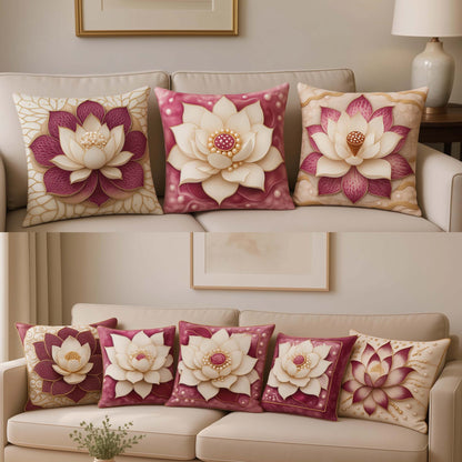 Cotton Feel Royal Lotus Designer Cushion Covers – Floral Pillow Covers for Sofa, Living Room & Gifting (Set of 5)