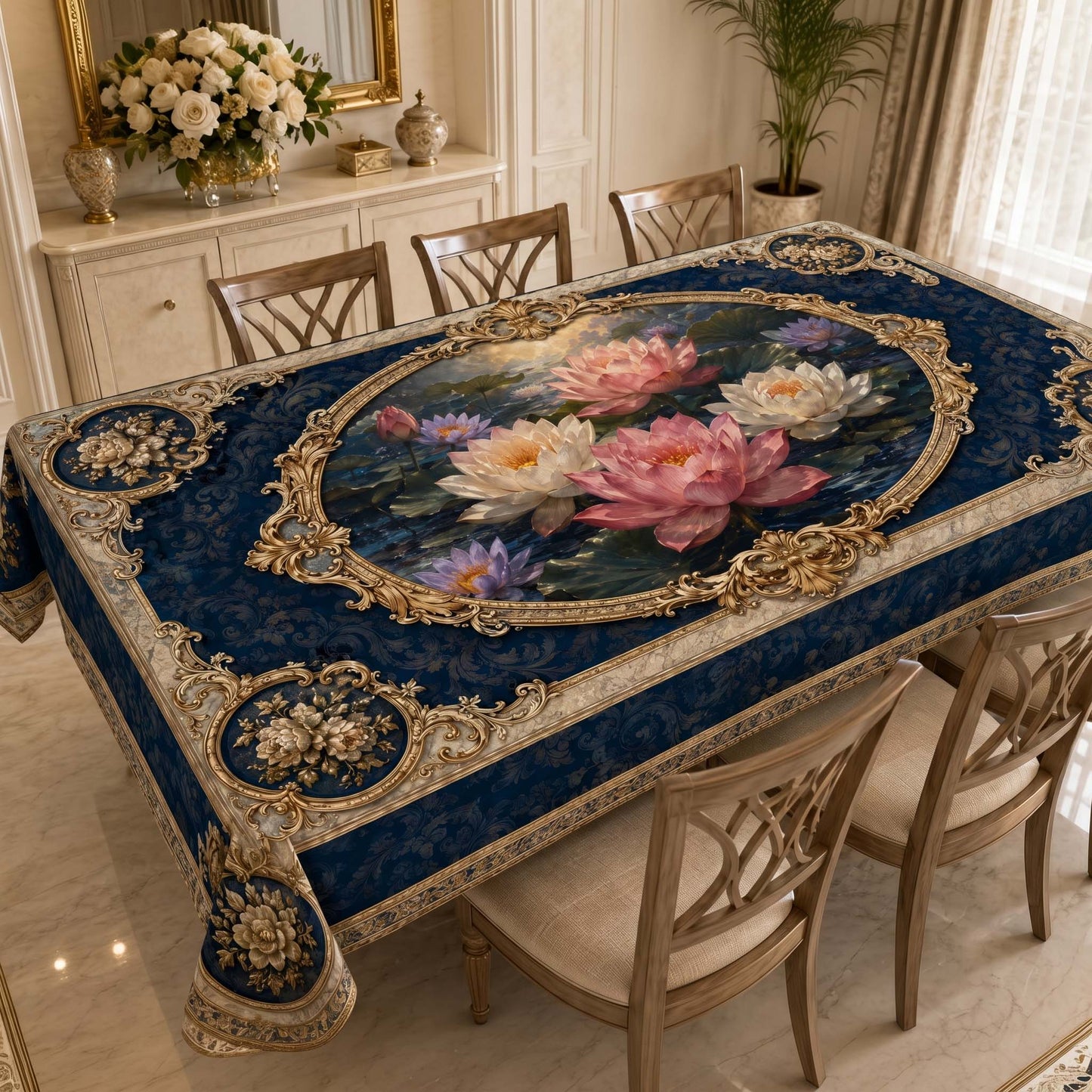 Royal Lotus Lagoon Table Cover – Luxury Blue and Gold Dining Tablecloth
