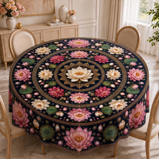 Royal Lotus Mandala Floral Round Table Cover – Elegant Tablecloth for Festive & Everyday Dining