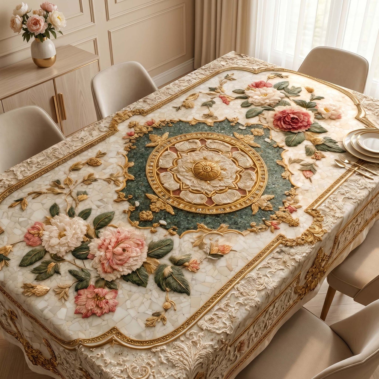 Royal Pearl Marble & Gold Floral Table Cover – Luxury Marble Pattern Dining Tablecloth for Modern Homes