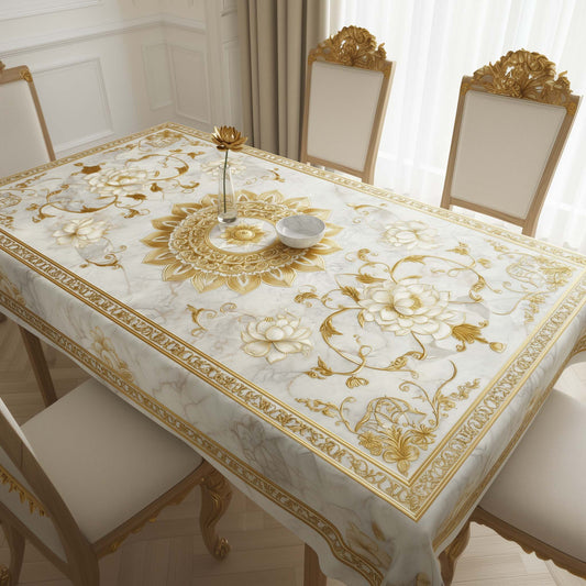 Royal Pearl Marble & Gold Lotus Table Cover – Luxury Marble Pattern Dining Tablecloth for Modern Homes