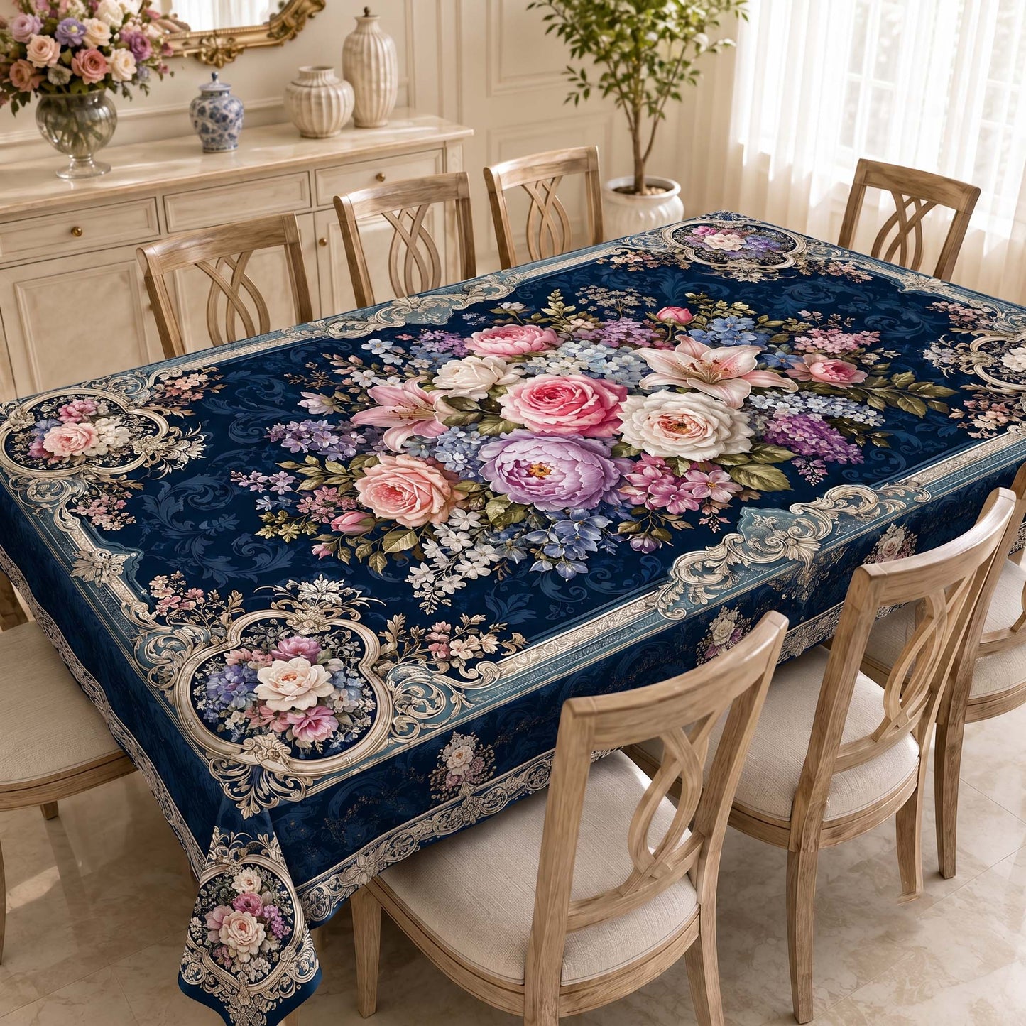 Royal Rose Navy Blue Floral Table Cover – Luxury Floral Dining Tablecloth