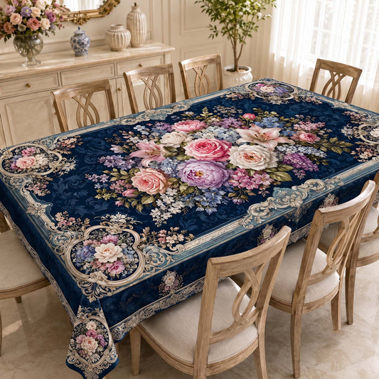 Royal Rose Navy Blue Floral Table Cover – Luxury Floral Dining Tablecloth