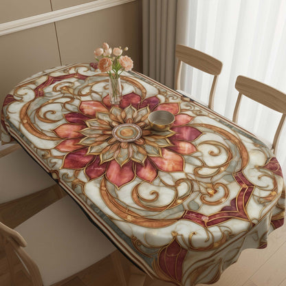 Royal Rose Quartz Marble Mandala Oval Table Cover – Elegant Floral Tablecloth for Dining & Living Spaces