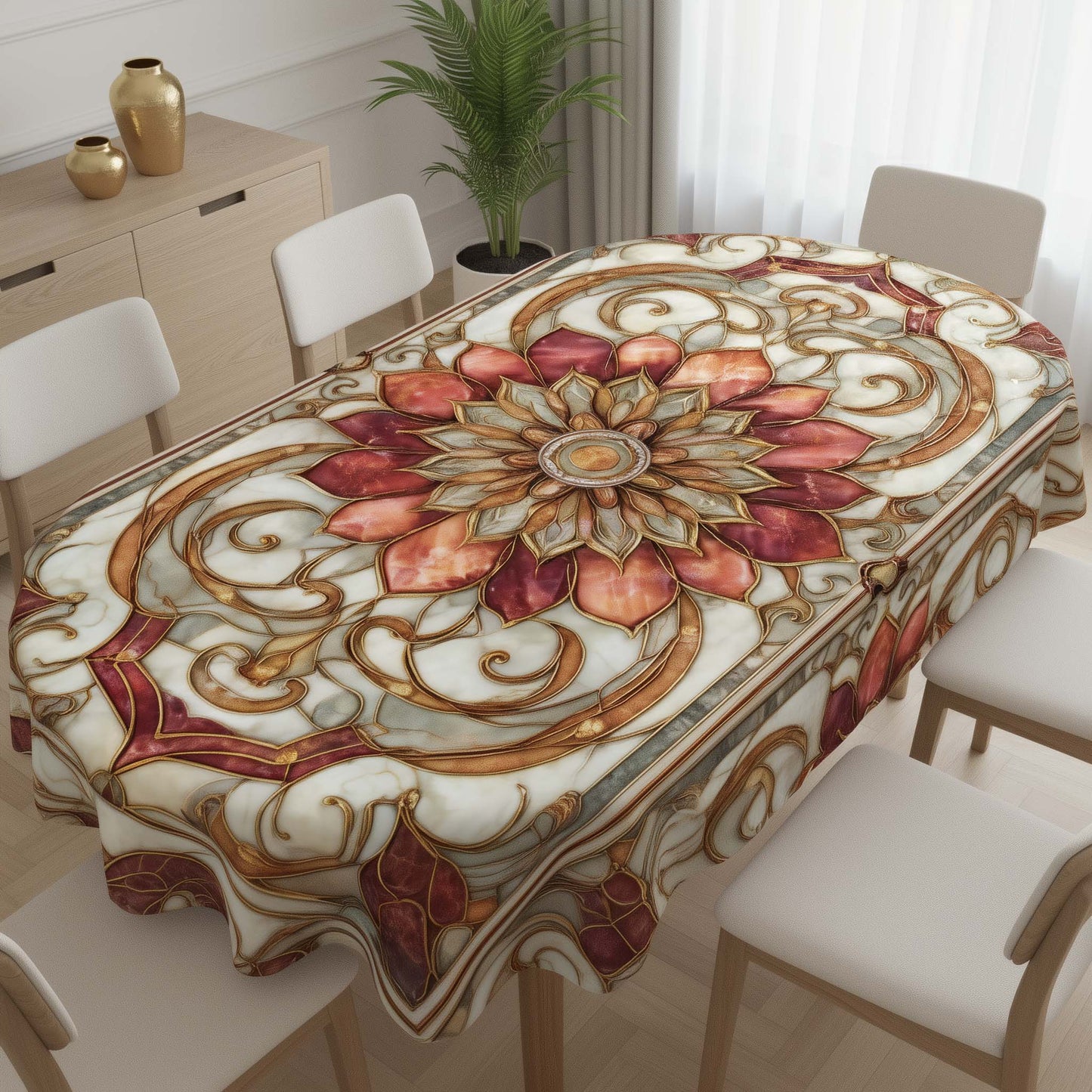 Royal Rose Quartz Marble Mandala Oval Table Cover – Elegant Floral Tablecloth for Dining & Living Spaces