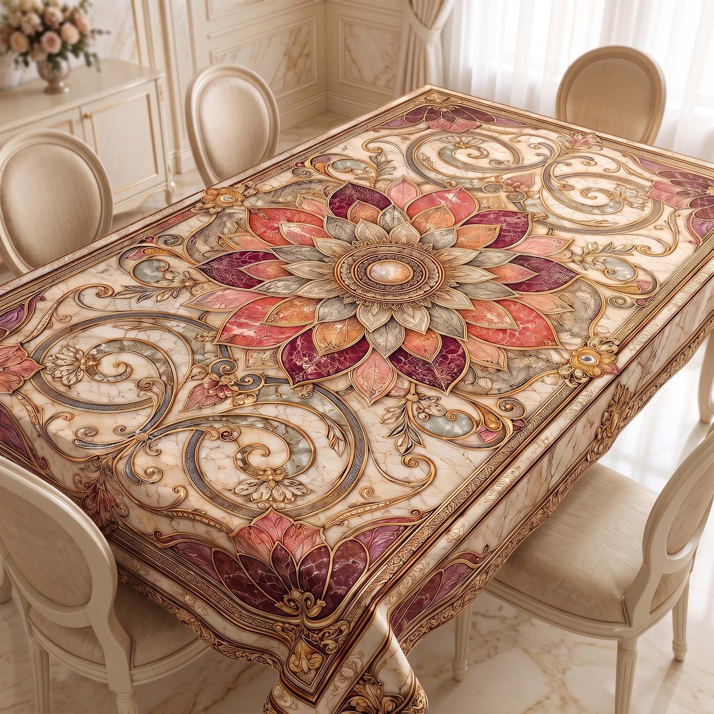Royal Rose Quartz Marble Mandala Table Cover – Elegant Floral Tablecloth for Dining & Living Spaces