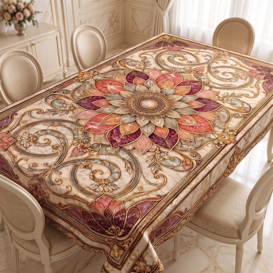 Royal Rose Quartz Marble Mandala Table Cover – Elegant Floral Tablecloth for Dining & Living Spaces