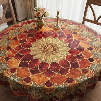 Royal Rosette Mandala Round Table Cover – Luxurious Red & Gold Tablecloth for Festive Dining & Elegant Home Decor