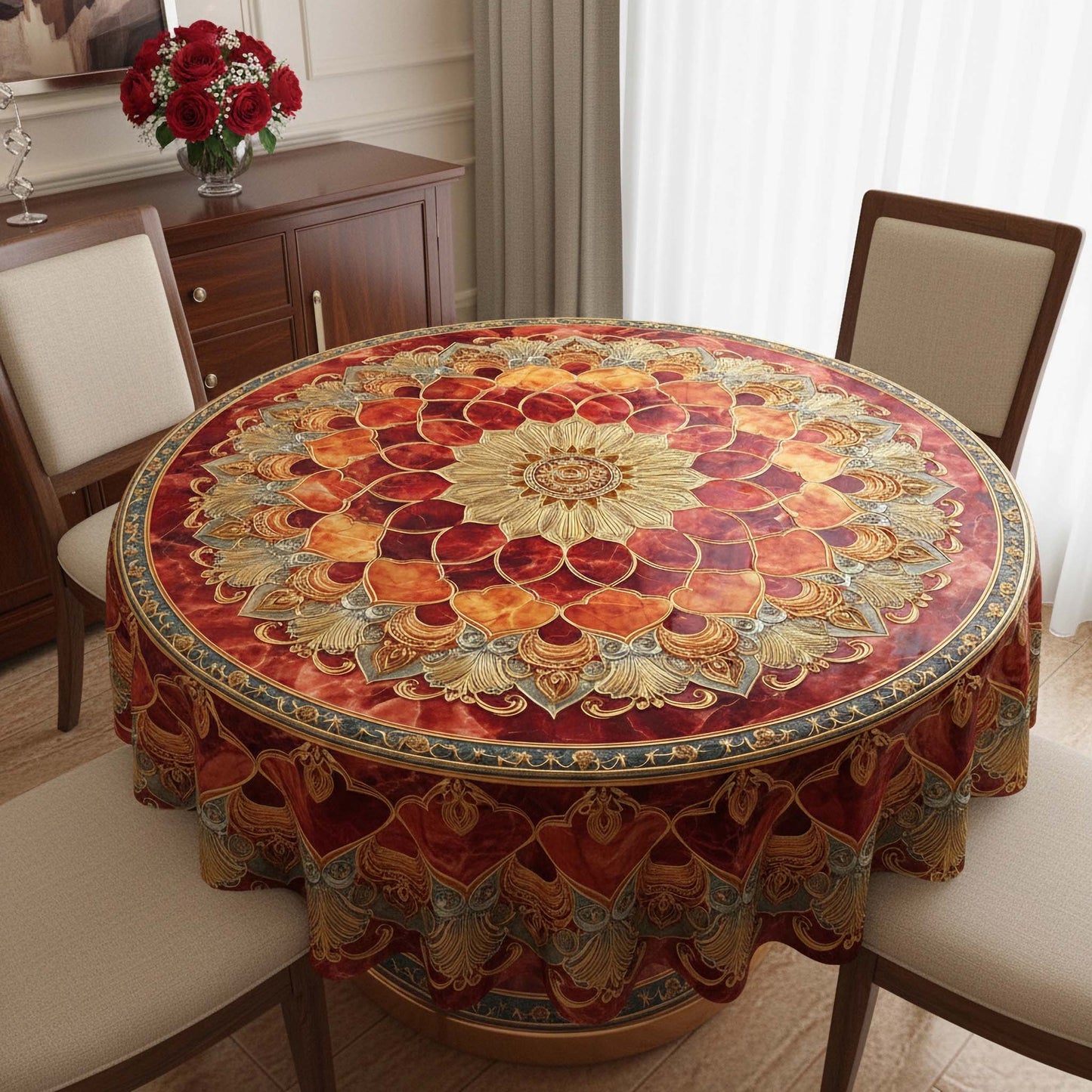 Royal Rosette Mandala Round Table Cover – Luxurious Red & Gold Tablecloth for Festive Dining & Elegant Home Decor