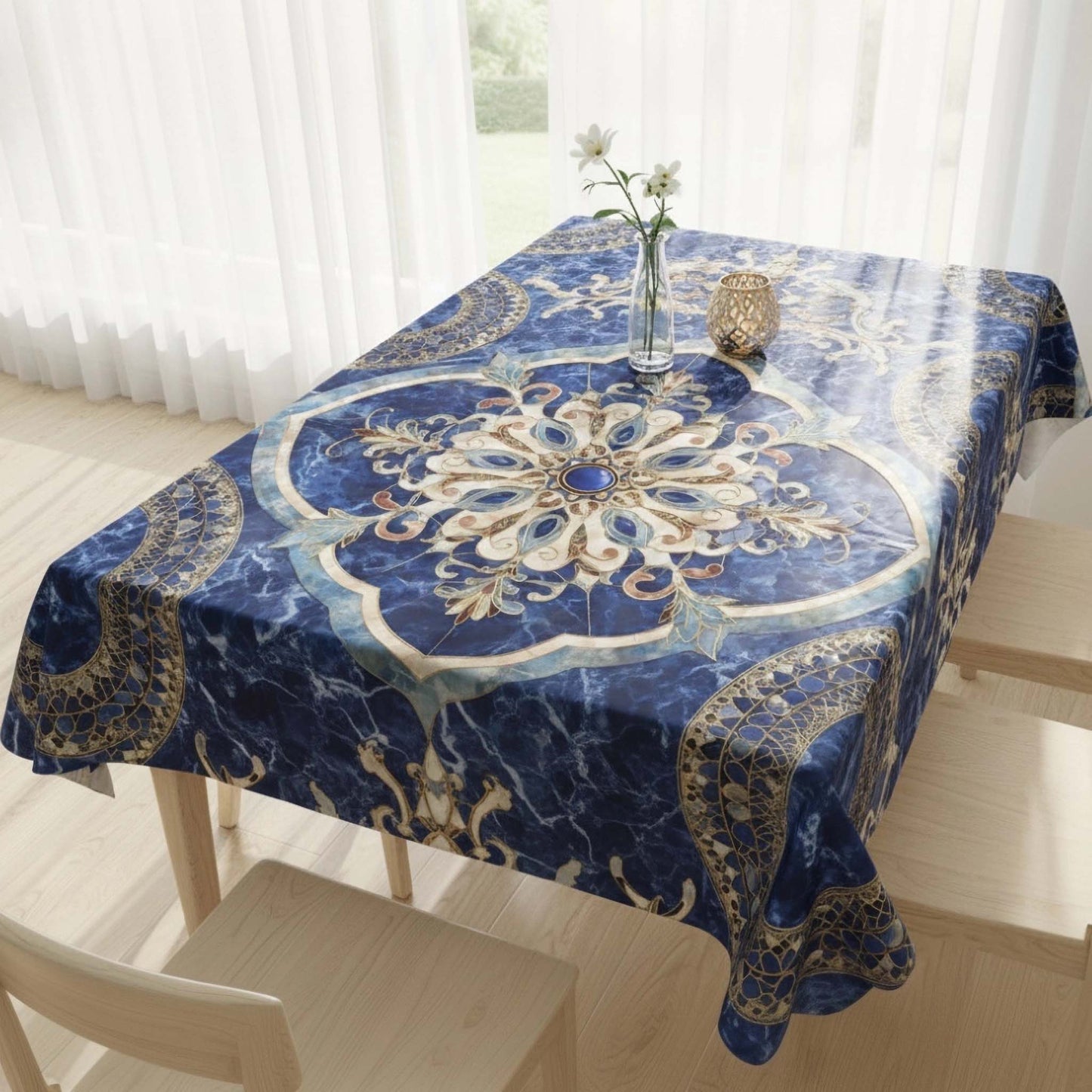 Royal Sapphire Marble Mandala Table Cover – Opulent Dining Tablecloth for Home Decor