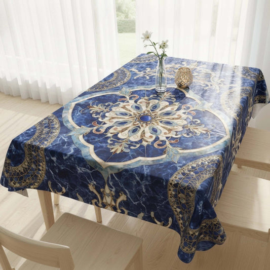 Royal Sapphire Marble Mandala Table Cover – Opulent Dining Tablecloth for Home Decor