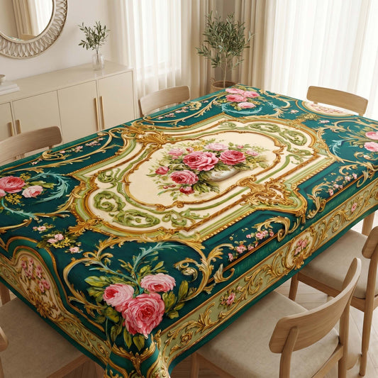 Royal Teal & Gold Floral Table Cover – Premium Dining Table Cloth for Elegant Home Decor