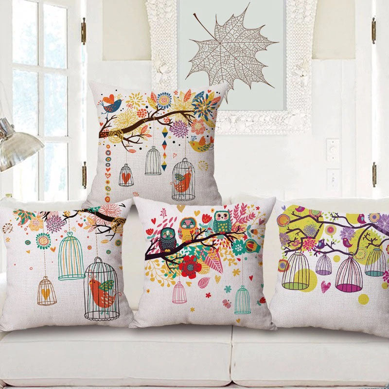 Cotton Feel Designer Throw Pillow Decorative Cushion Covers - Cute Owls & Flora Set of 4