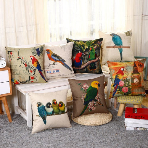 Cotton Feel Designer Throw Pillow Decorative Cushion Covers - Vibrant Parrots Set of 5