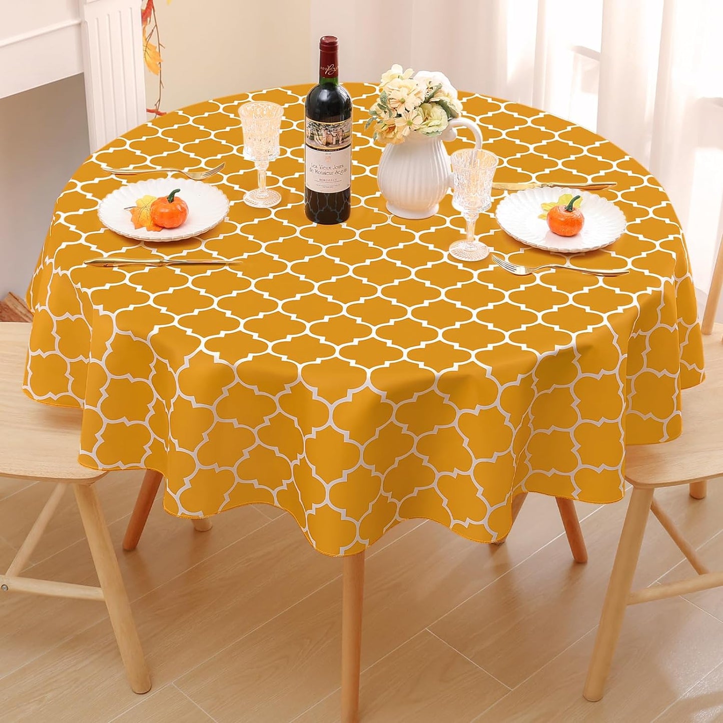 Round Dining Table Covers - Realm of Intricacy Mustard Yellow