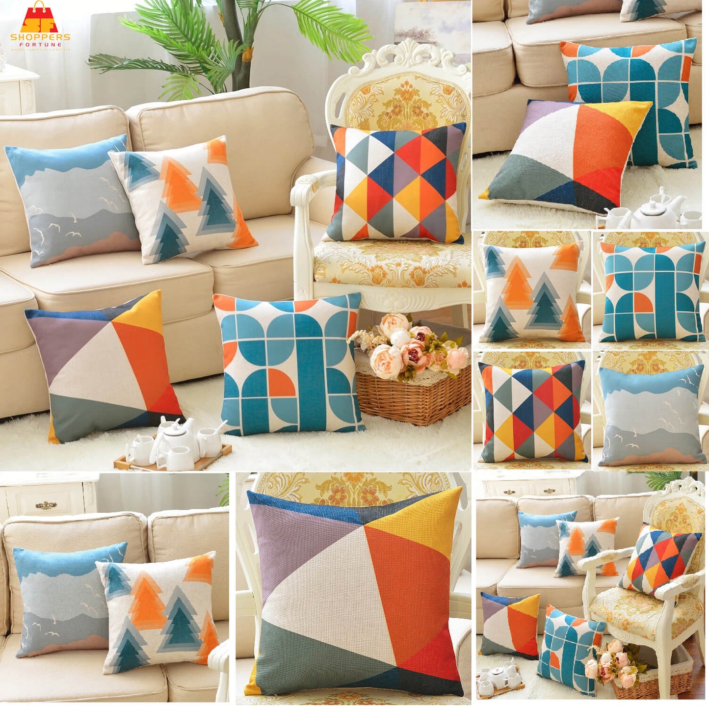 Modern Colorful Geometric Cotton Feel Cushion Covers - 5 Piece/Set