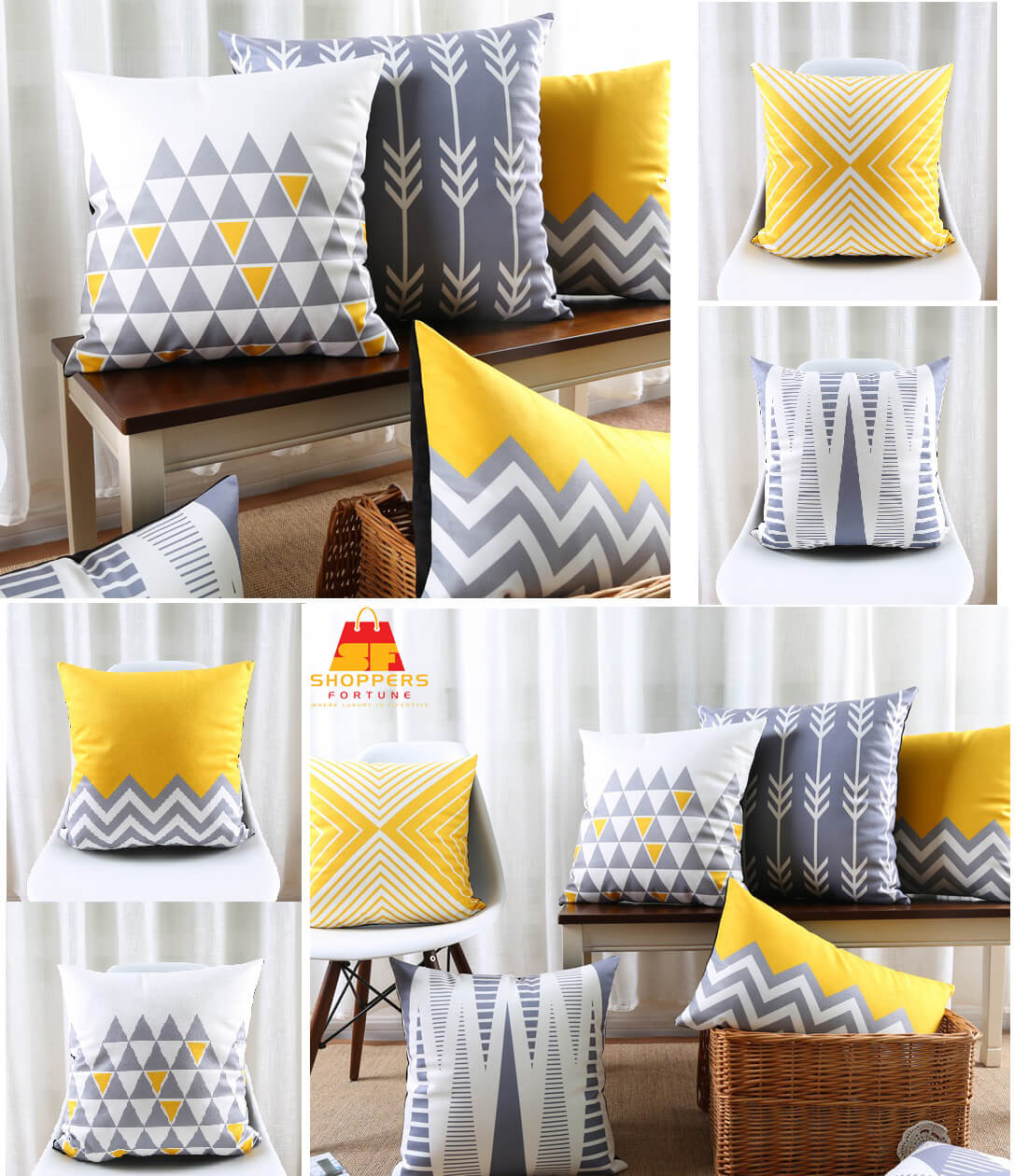 Modern Triangular Stripes Geometric Cotton Feel Cushion Covers - 5 Piece/Set