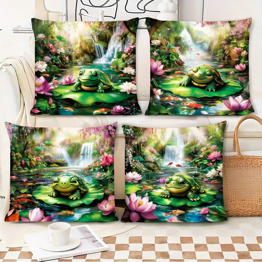 Serene Turtle & Lily Cushion Covers – Pillow covers for Bedroom & Living Room Set of 4