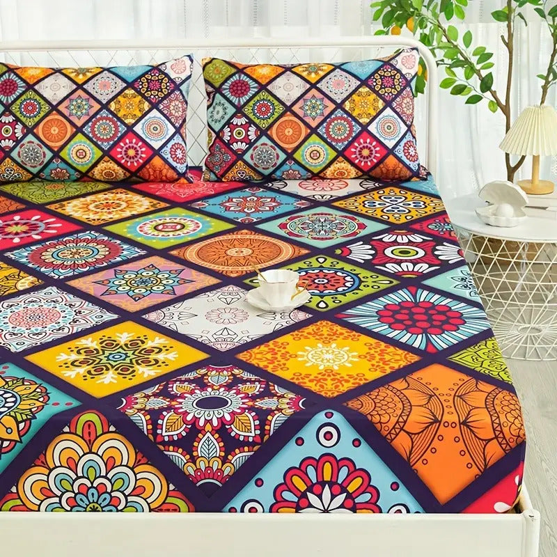 Soft & Cozy Fitted Velvet Bedsheet - Vibrant Moroccan