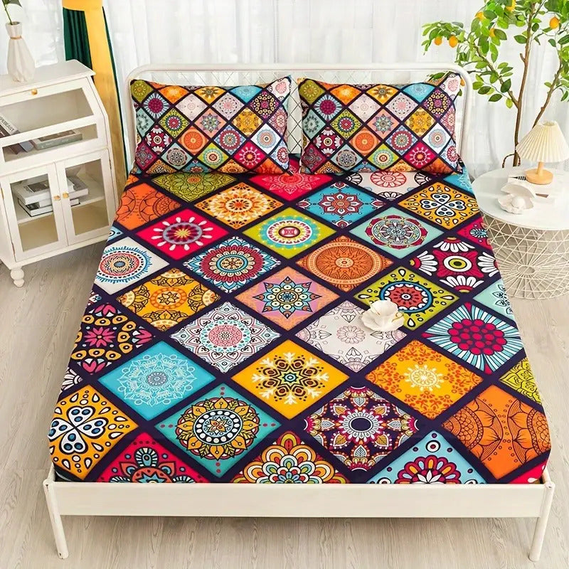 Soft & Cozy Fitted Velvet Bedsheet - Vibrant Moroccan