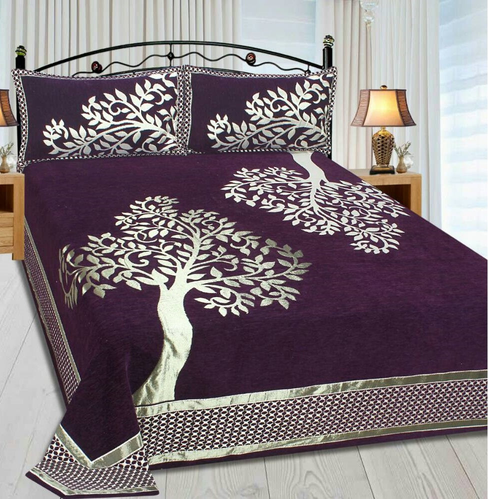 Tree Pattern Heavy Chenille Bedcovers - Luxury Purple