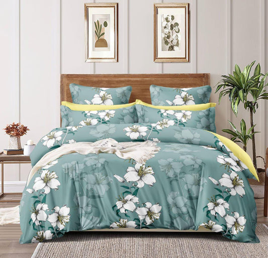 Elastic Fitted King Double Bedsheet - White Floral Vines with 2 Pillow Covers