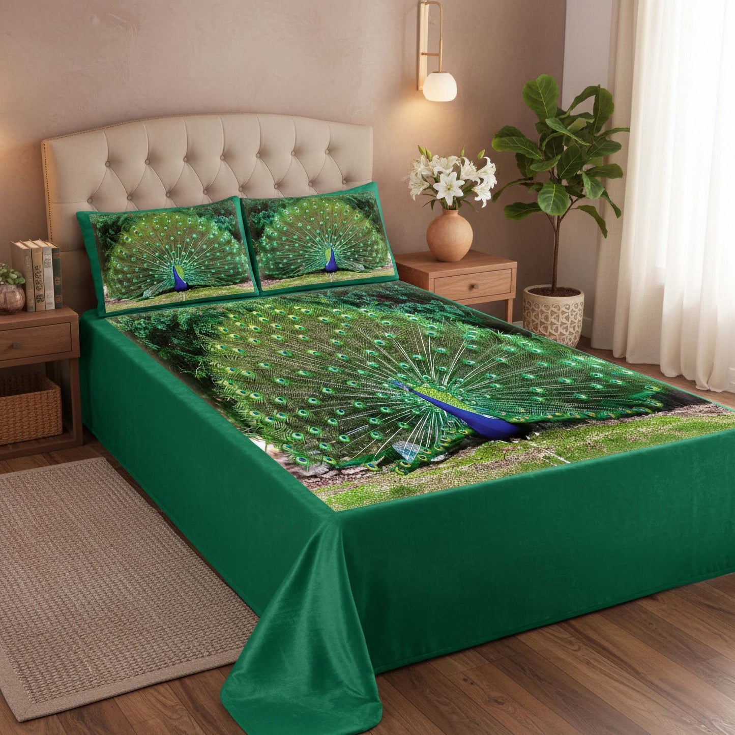 Soft & Cozy Digital Print Velvet Bedsheet - Peacock Paradise