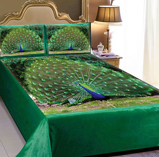 Soft & Cozy Digital Print Velvet Bedsheet - Peacock Paradise