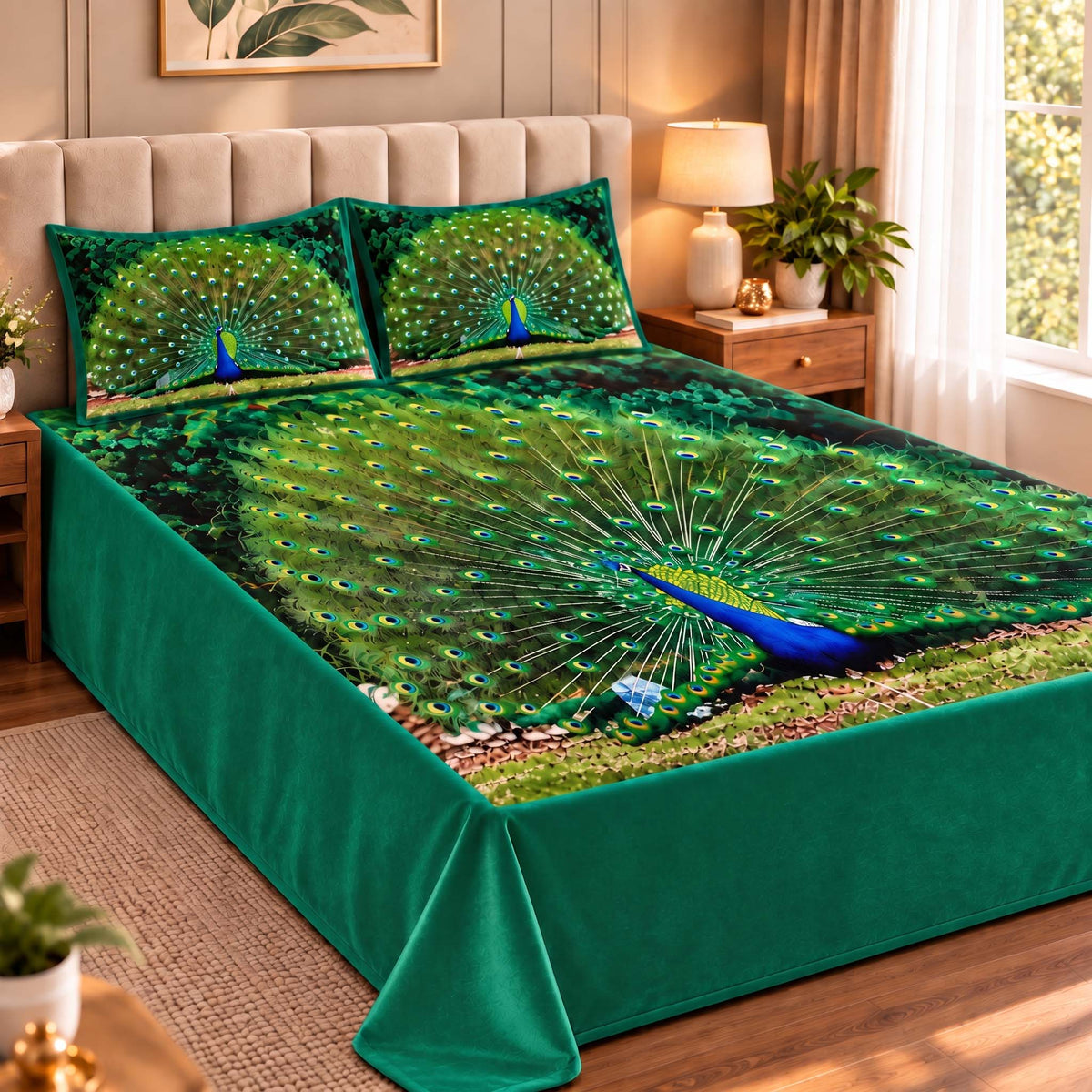 Soft & Cozy Digital Print Velvet Bedsheet - Peacock Paradise