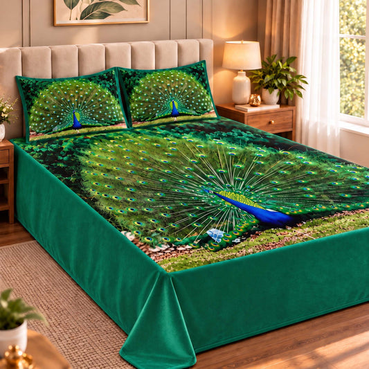 Soft & Cozy Digital Print Velvet Bedsheet - Peacock Paradise