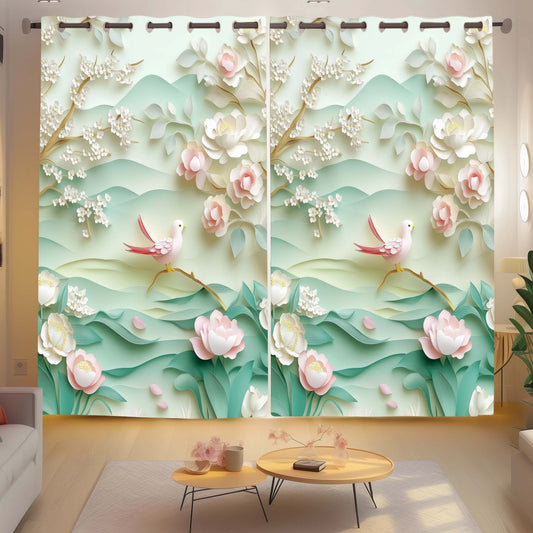 Sparrow & Floral Designer Room Darkening Curtains - Elegant Grommet Drapes for Soothing Bedrooms & Living Rooms