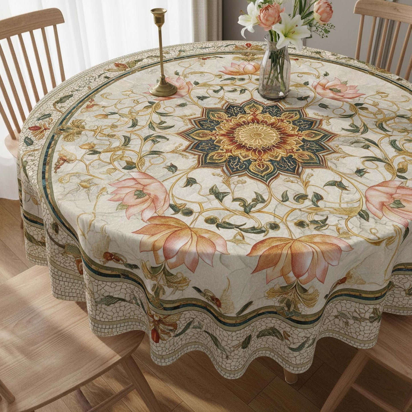 Vintage Beige Mandala Round Table Cover – Royal Floral Tablecloth for Dining Room