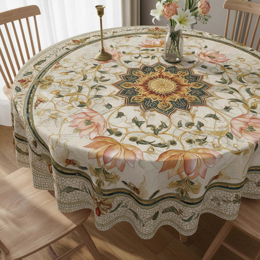 Vintage Beige Mandala Round Table Cover – Royal Floral Tablecloth for Dining Room