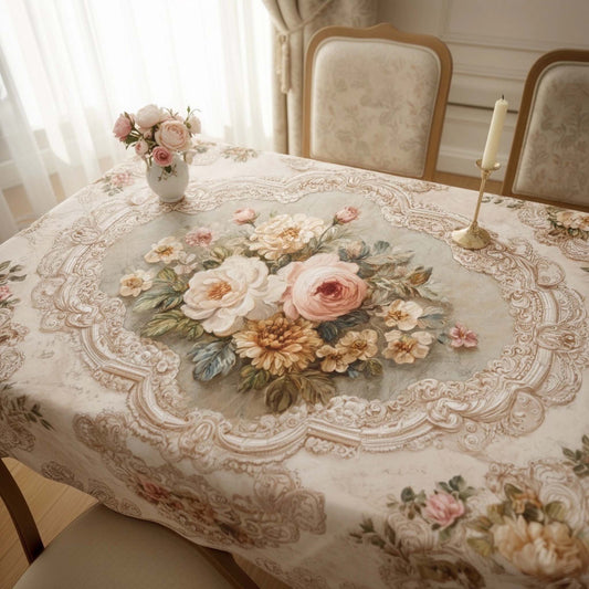 Vintage Bloom Floral Table Cover – Elegant Beige & Pastel Floral Dining Tablecloth for Classic & Modern Interiors