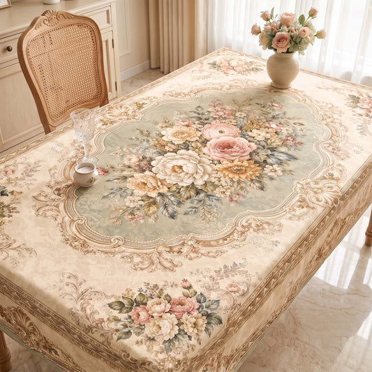 Vintage Bloom Floral Table Cover – Elegant Beige & Pastel Floral Dining Tablecloth for Classic & Modern Interiors