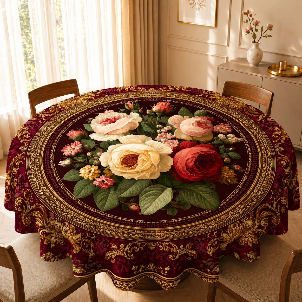 Vintage Roses Round Table Cover – Rich Floral Dining Table Cover for Homes