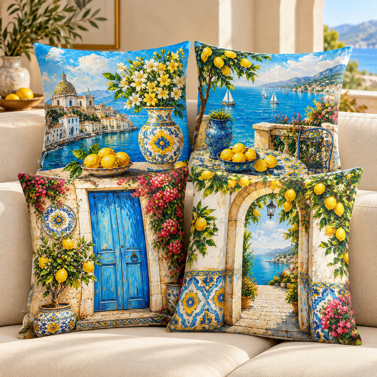 Amalfi Lemon Coast blue and yellow cushion covers, set of 4, 16 x 16 inches