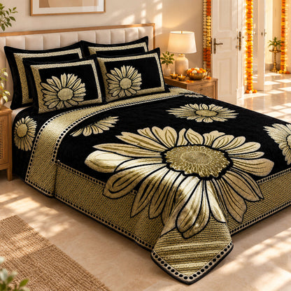 Royal Floral Pattern Heavy Chenille Bedcovers - Black & Gold in a sunlit bedroom with festive Diwali decor
