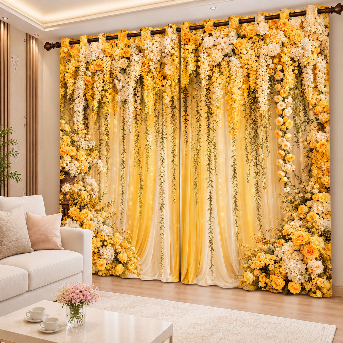 Premium Blackout Cheerful Blooming sunshine yellow and white floral curtains, set of two, in a bright sunlit living room