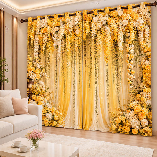 Premium Blackout Cheerful Blooming sunshine yellow and white floral curtains, set of two, in a bright sunlit living room