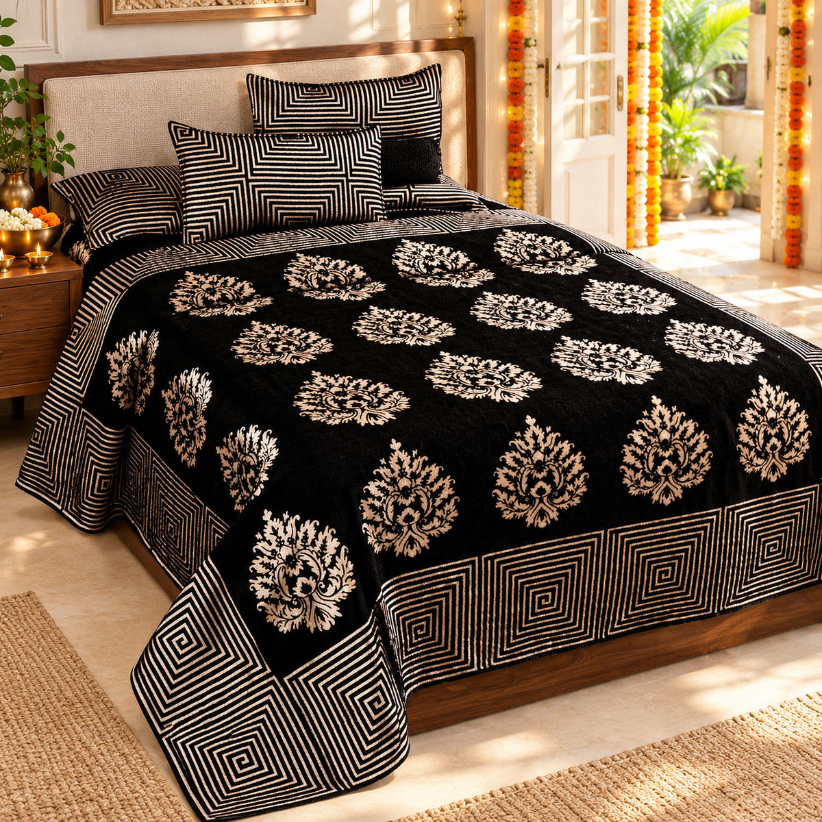 Crafty Chenille Bedcovers for Art Lovers - Black styled in a sunlit bedroom with festive Diwali decorations