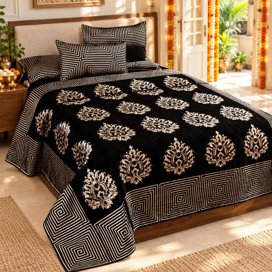 Crafty Chenille Bedcovers for Art Lovers - Black styled in a sunlit bedroom with festive Diwali decorations