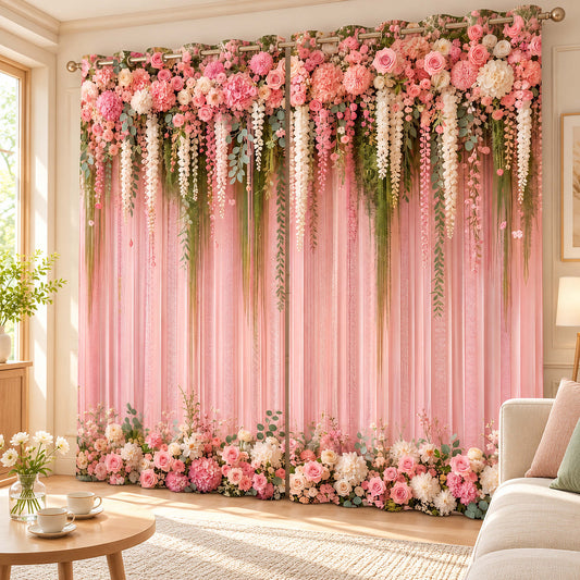 Premium Elegant Pink Room Darkening Curtains – Floral Design Grommet Drapes for Modern Homes in a bright cheerful living room