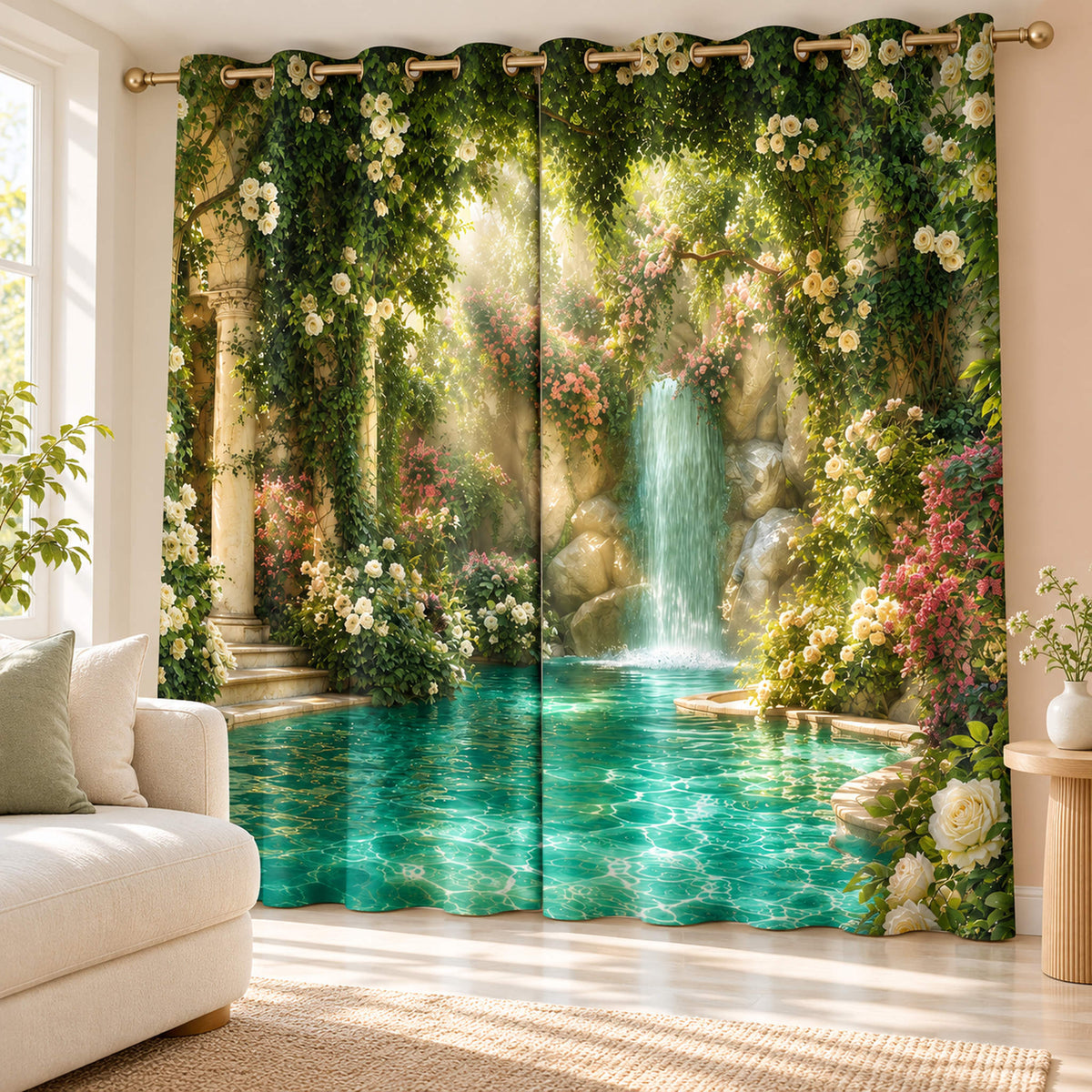 Enchanted Waterfall Floral curtain pair with a turquoise waterfall garden print in a sunlit cream living room