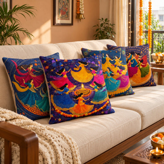 Ethnic Indian Dance cushion cover set on a warm sofa in a festive Indian home